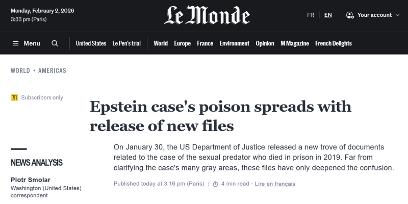 «Отравленный колодец»: западные СМИ — о том, как досье Эпштейна дискредитирует западных политиков