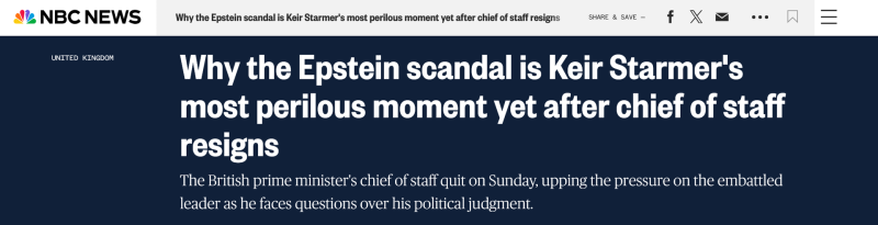 «Рискует пойти ко дну»: западные СМИ — о пошатнувшихся позициях Стармера на фоне публикации файлов Эпштейна